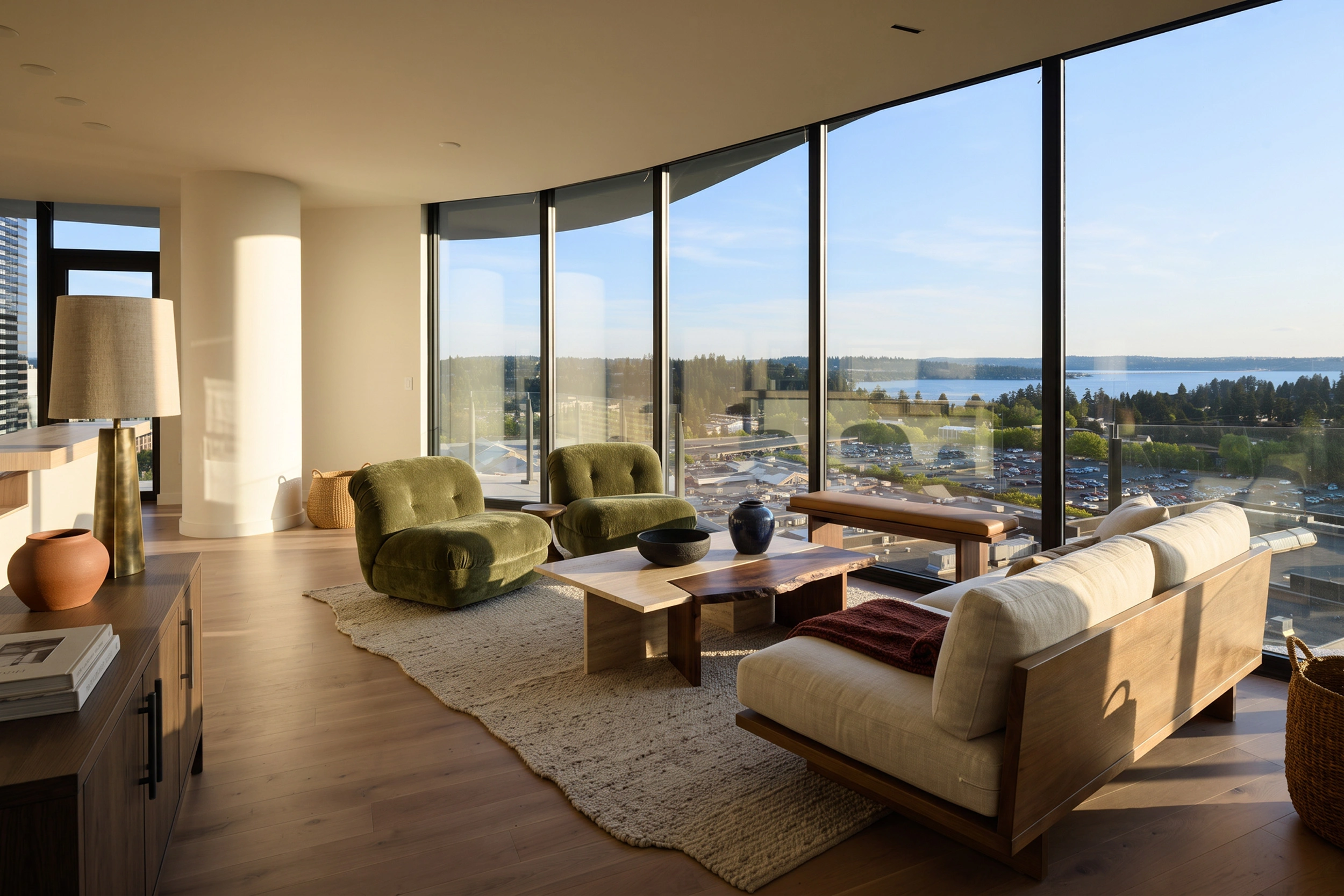 Estates living room with curved floor-to-ceiling windows and Lake Washington views in Bellevue