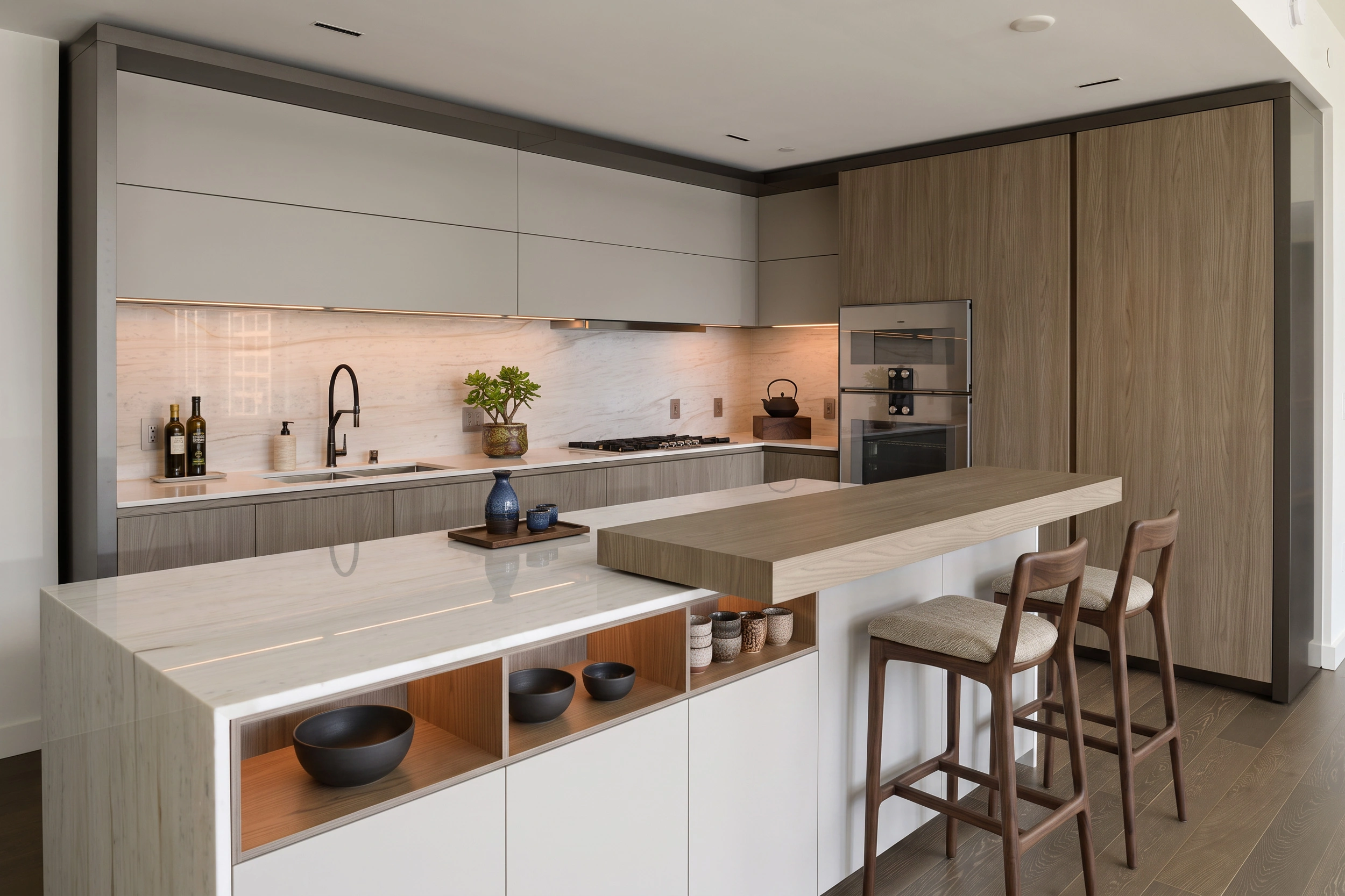 Luxury condo kitchen at The Estates with marble waterfall island, wood breakfast bar and integrated cabinetry