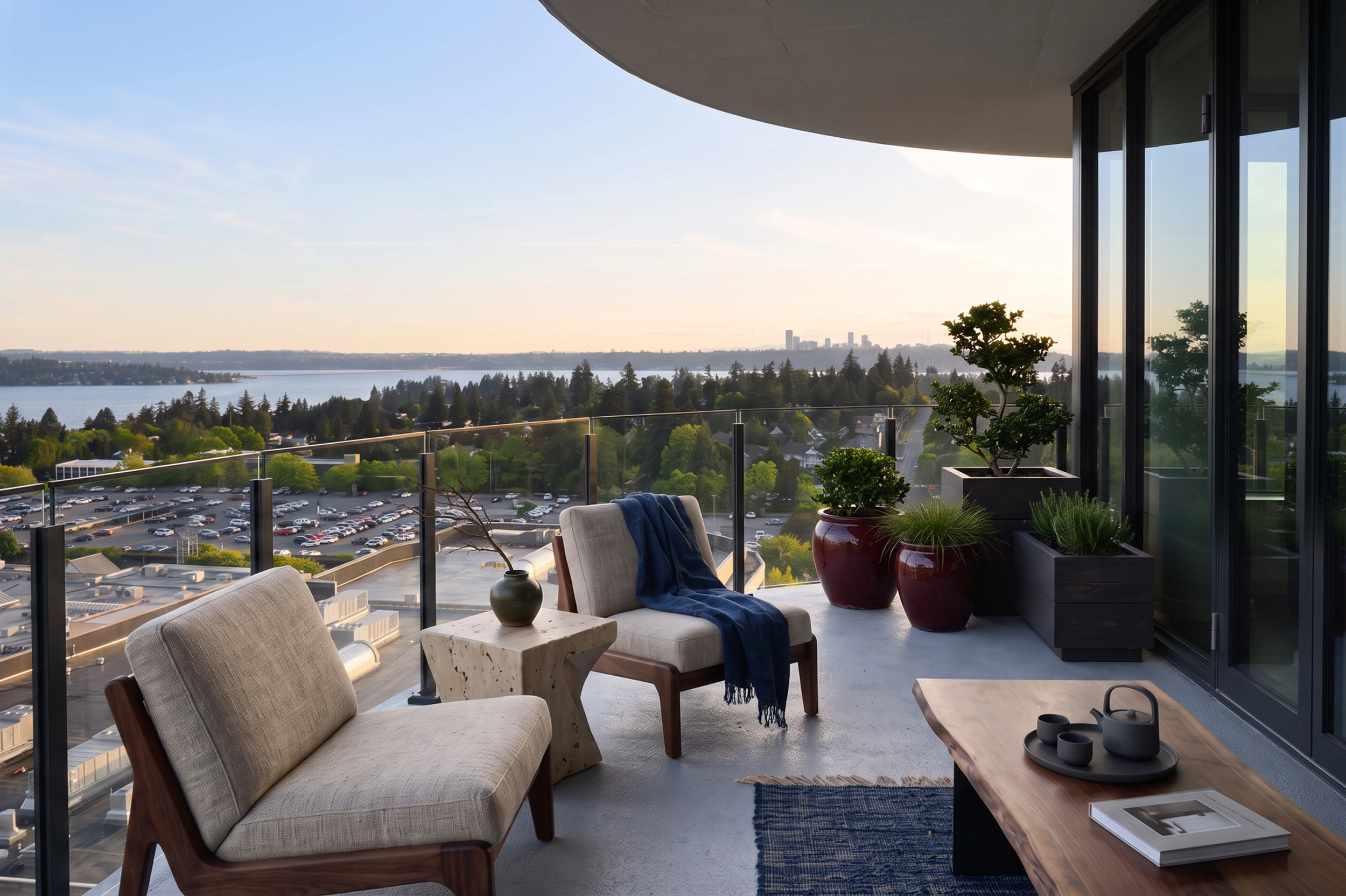 Private terrace at The Estates overlooking Lake Washington and the Seattle skyline at sunset