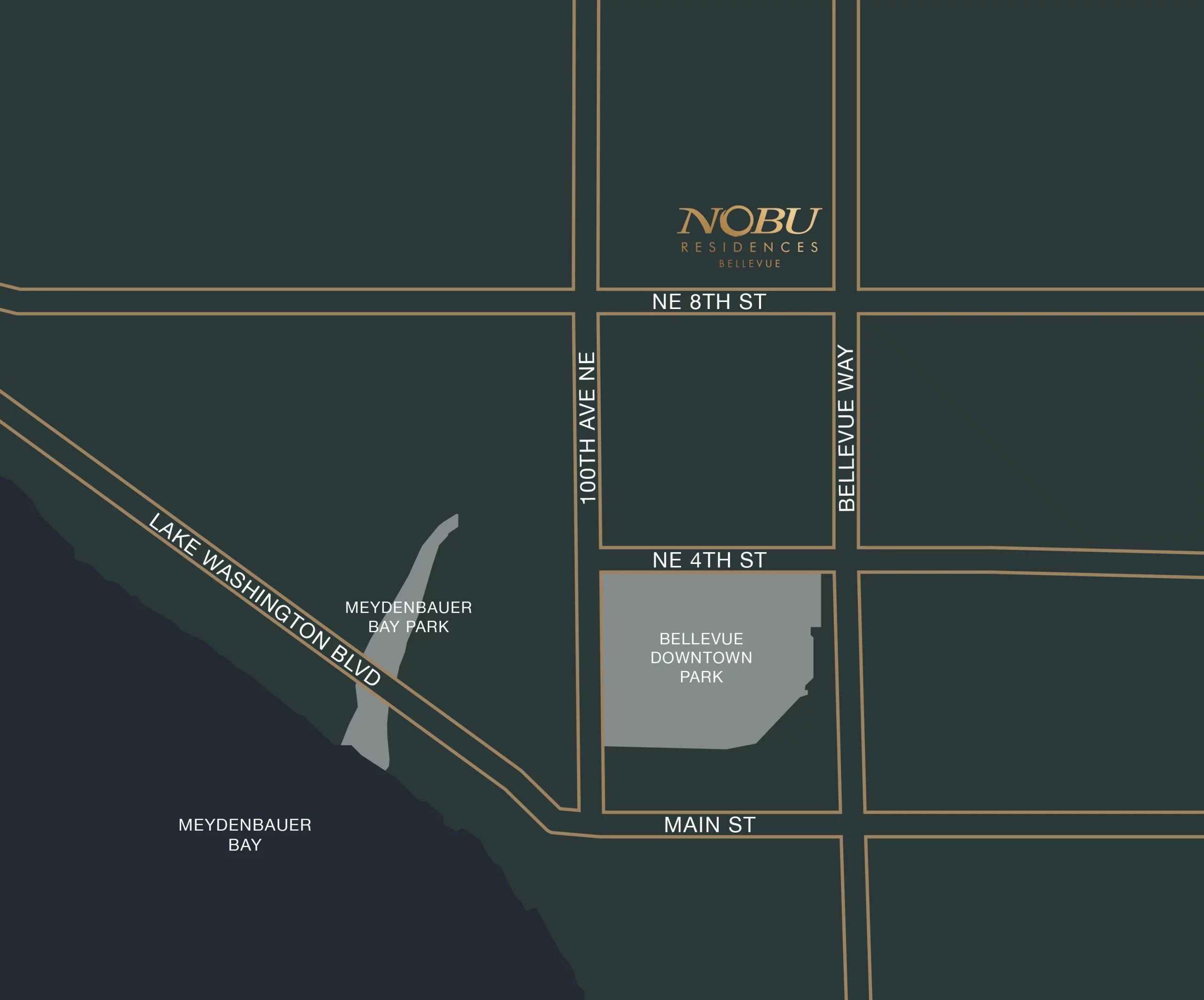 Map of Nobu Residences Bellevue near NE 8th St and Bellevue Way, close to Bellevue Downtown Park and Meydenbauer Bay